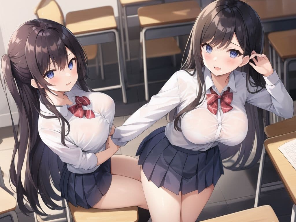 Two Girls Sitting Desks
