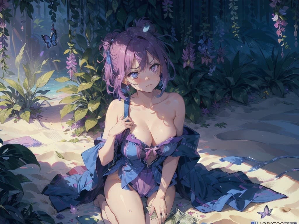 Purple-haired girl flirting in the forest