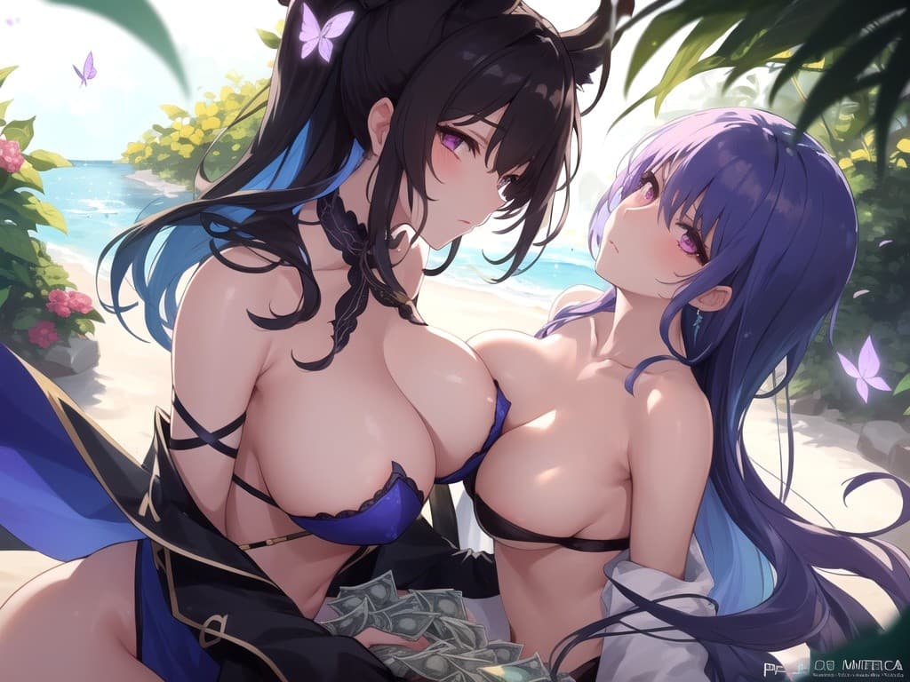 Rubbing her huge breasts on the beach