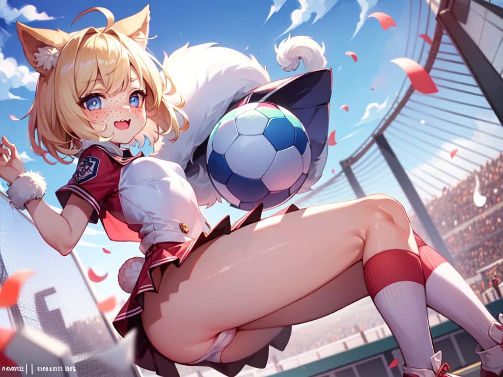 The kitten plays soccer wearing a skirt that is too short.
