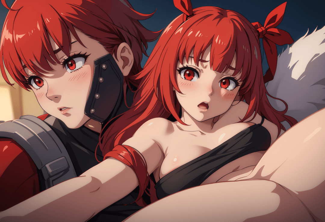 The image is an anime-style illustration featuring two characters. On the left, there's a male character with red hair, wearing a black outfit with a white emblem on his chest and