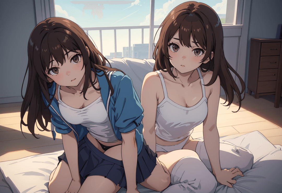 The image depicts two animated characters in an indoor setting. One character is seated on a bed, while the other stands beside it. Both characters are female with distinct hairsty