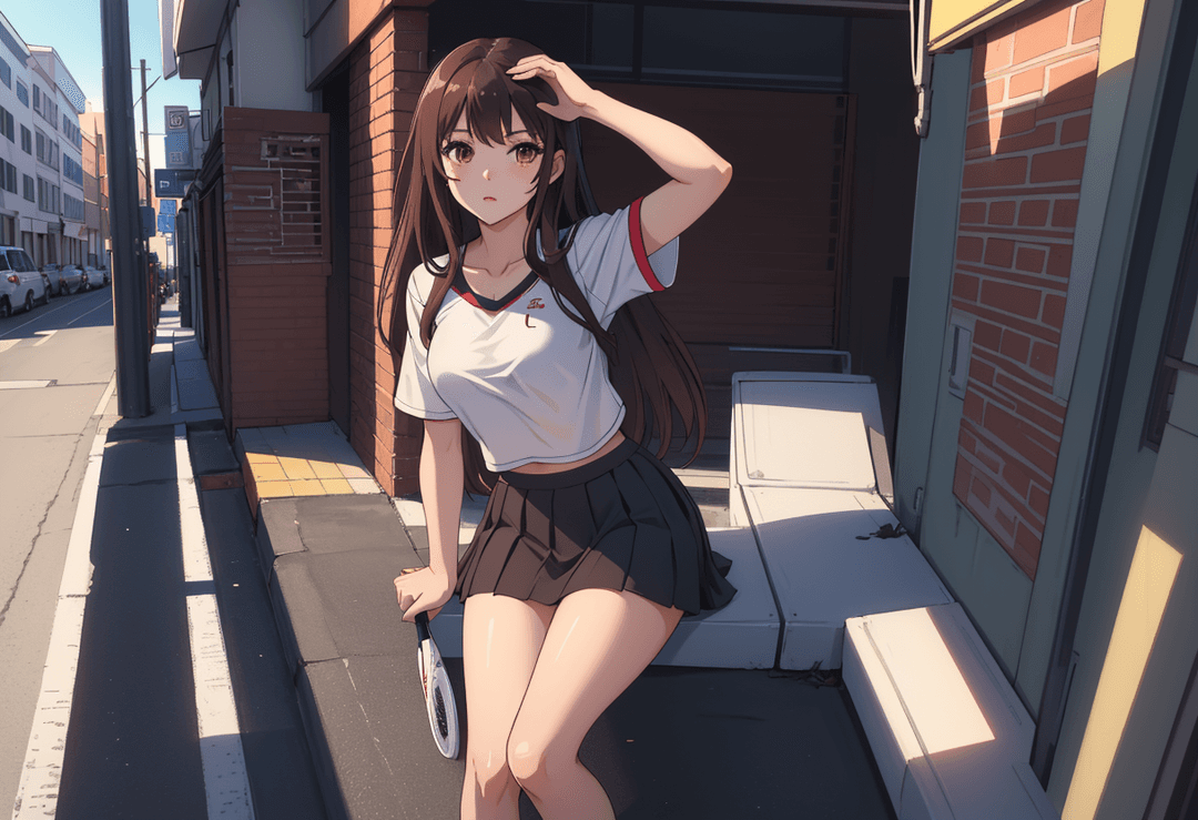 The image is an anime-style illustration featuring a young female character standing on a city street. She has dark hair, styled in twin tails, and is wearing a white top with red