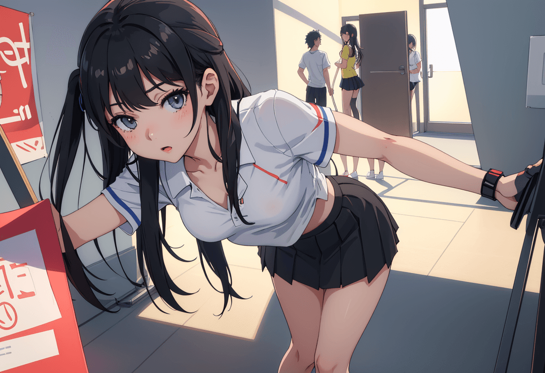 The image portrays an anime-style illustration of a young woman in a school setting. She is dressed in a white shirt with blue sleeves, paired with a black skirt and black shoes. H