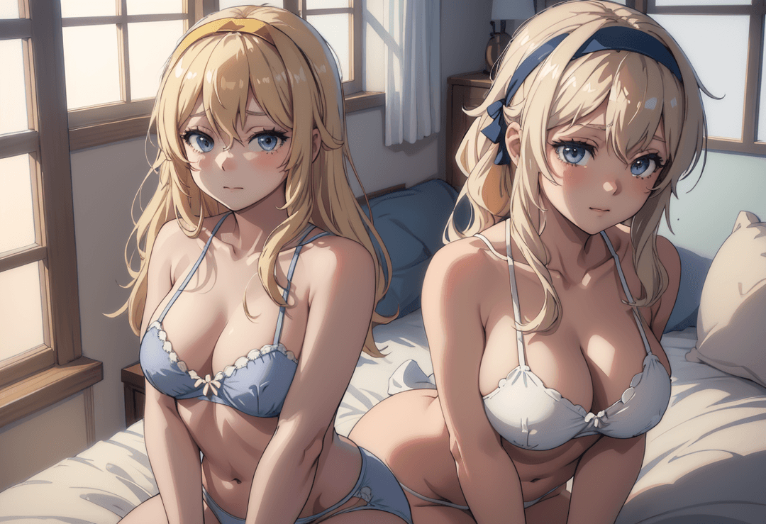 The image is an illustration of two anime-style female characters in a bedroom setting. Both characters are wearing lingerie, with one on the left dressed in blue and the other on