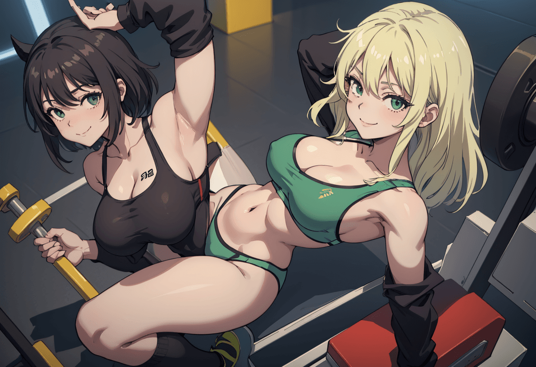The image portrays two animated female characters in a gym setting. One character is seated on a weight bench, flexing her muscles with a determined expression, while the other sta