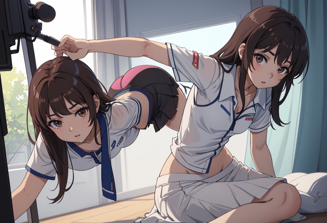 The image portrays a scene from an anime-style comic or graphic novel. It features two female characters, both dressed in school uniforms with short skirts and white blouses. One c