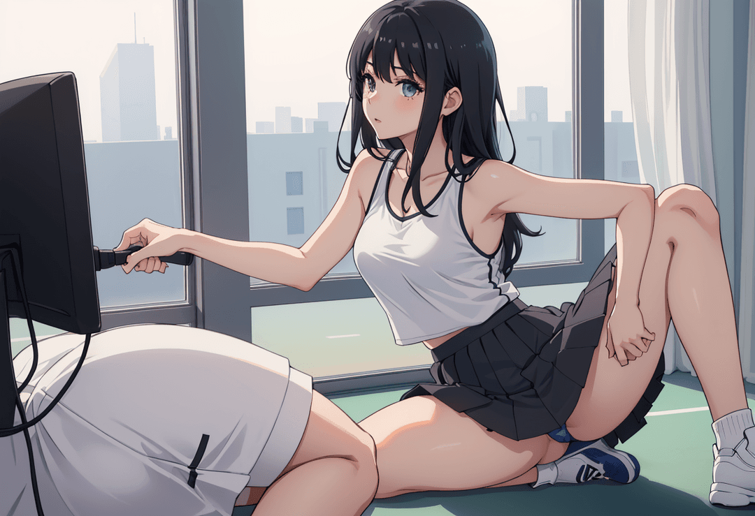 The image portrays an anime-style illustration of a young woman in a casual setting, possibly her bedroom or living room. She is seated on the floor with one leg crossed over the o