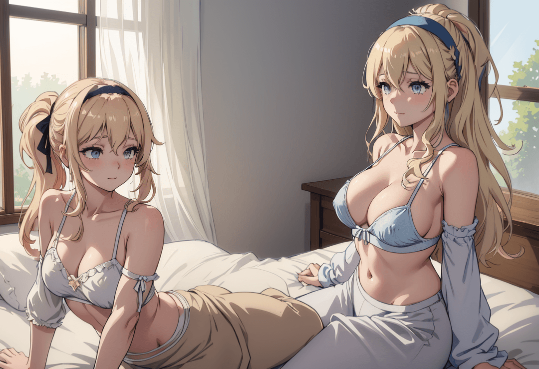 The image is an illustration featuring two animated characters in a bedroom setting. One character, a woman with blonde hair, is lying on a bed wearing a white tank top and blue bo