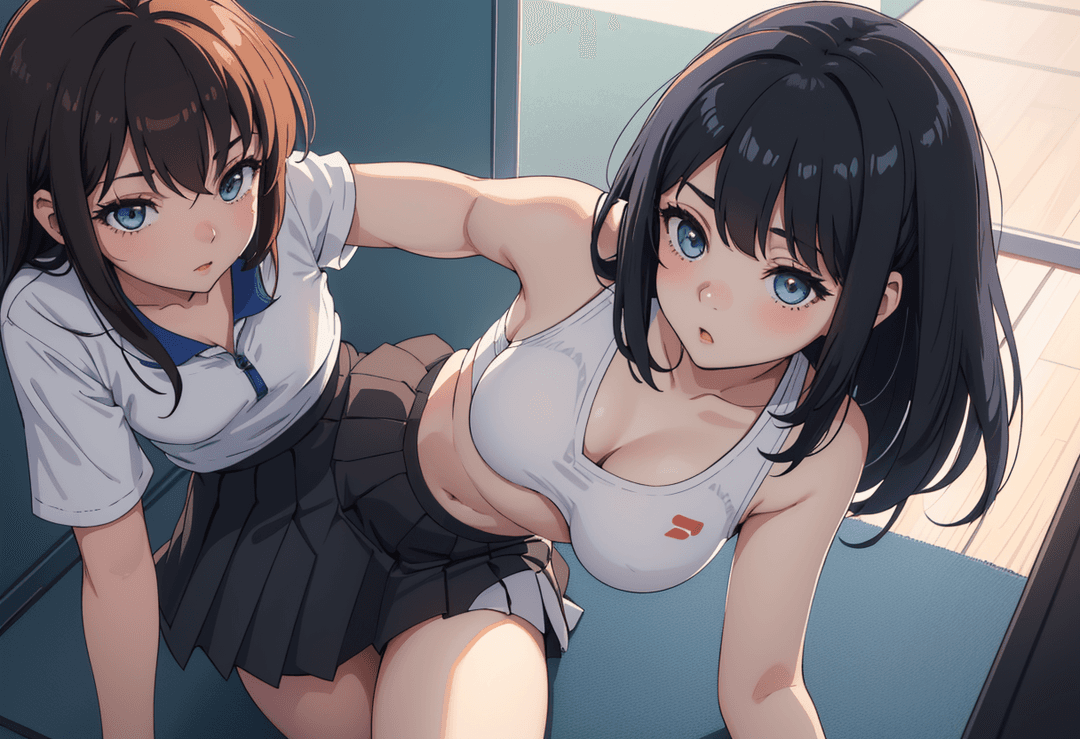 The image portrays two anime-style characters in a classroom setting. One character is standing, leaning over another character who is seated on a desk. Both characters are female