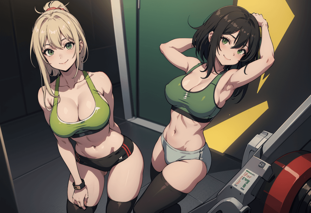 The image is a digital illustration featuring two animated female characters in an indoor setting that appears to be a gym or workout room. Both characters are wearing athletic att