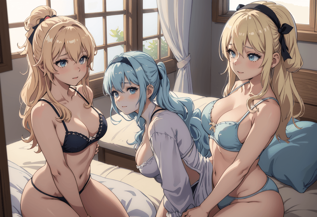 The image depicts an animated scene featuring three female characters in a bedroom setting. The character on the left is seated, wearing a blue dress with a white collar, her hair