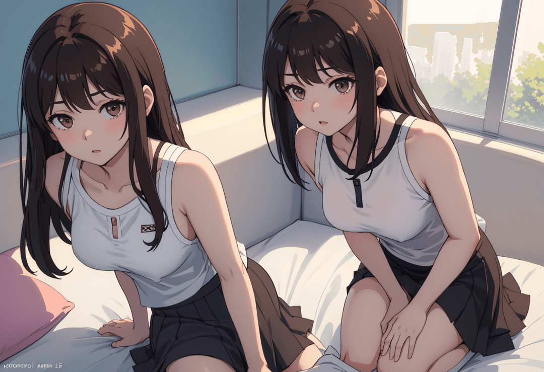The image is a digital artwork featuring two anime-style characters in a bedroom setting. The character on the left is sitting with her legs crossed, wearing a white tank top and b