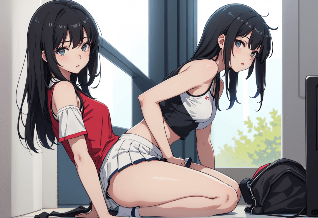 The image portrays two anime-style characters in an indoor setting. One character is standing while the other is sitting, both are wearing school uniforms with short skirts and whi
