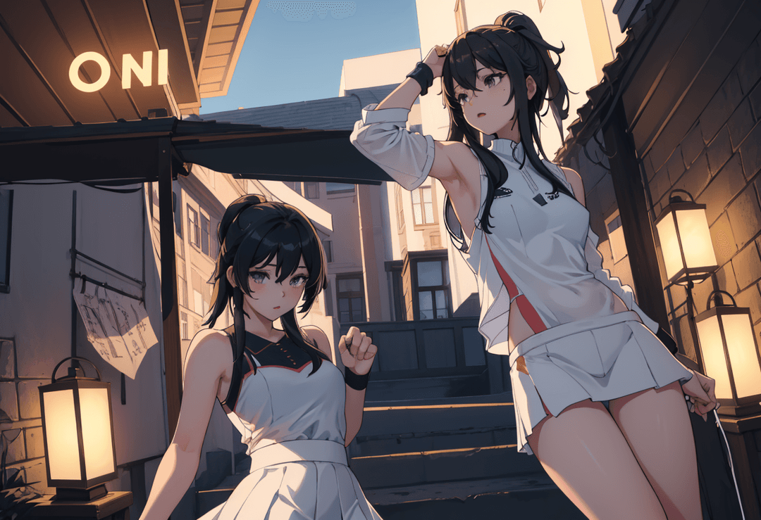 The image is a digital artwork featuring two animated characters in an urban setting. The character on the left appears to be a young woman with short hair, wearing a white uniform