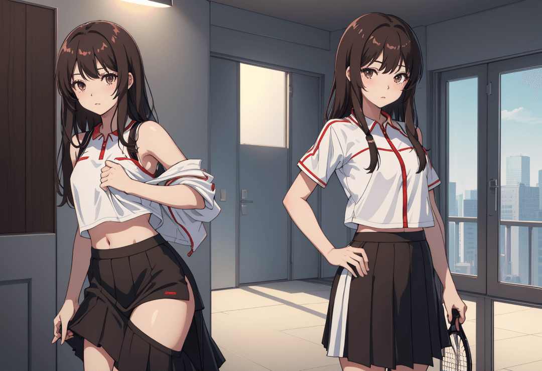 The image is a digital artwork of two anime-style characters in a room with a cityscape view through a window. On the left, there's a character wearing a white tank top and black s