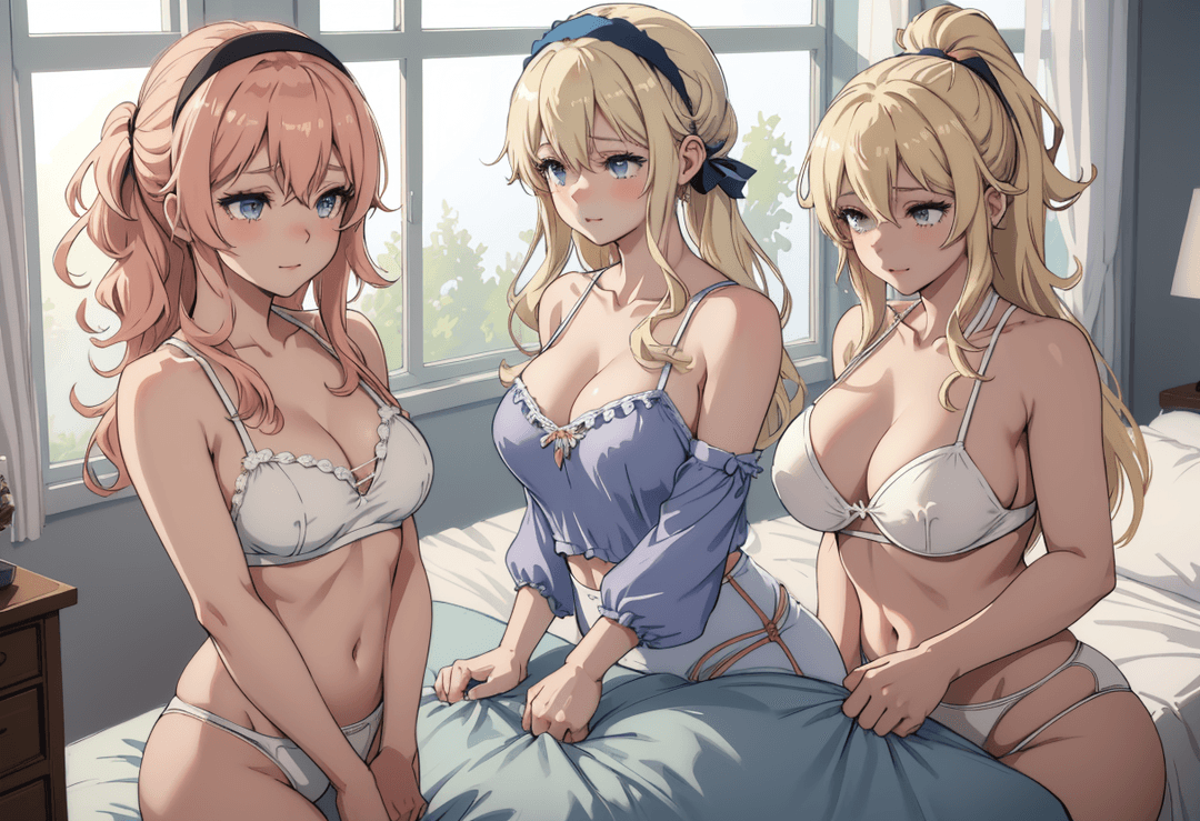 The image portrays an animated scene featuring three female characters in a bedroom setting. The central figure is seated on a bed, wearing a blue dress with a white collar, while