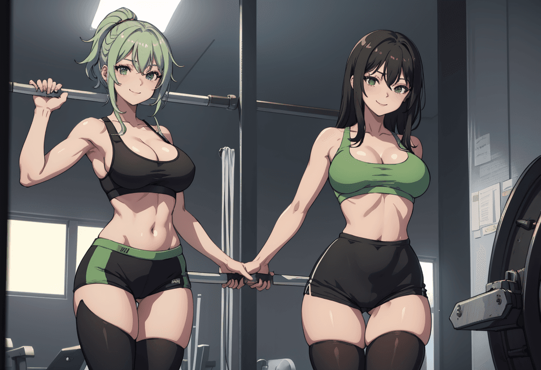 The image is a collage of three separate panels featuring animated characters in a gym setting. In each panel, there are two female characters engaged in different activities: one