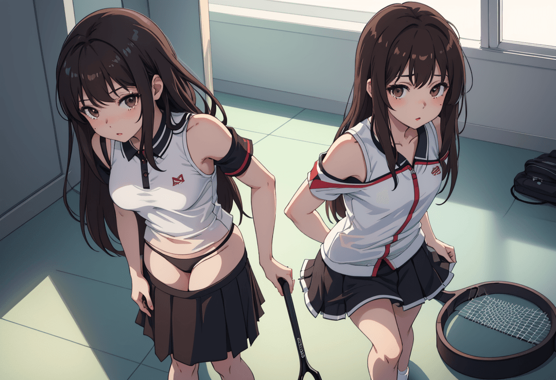 The image portrays two anime-style characters in an indoor setting. Both characters are female, with one on the left appearing to be younger and wearing a school uniform consisting