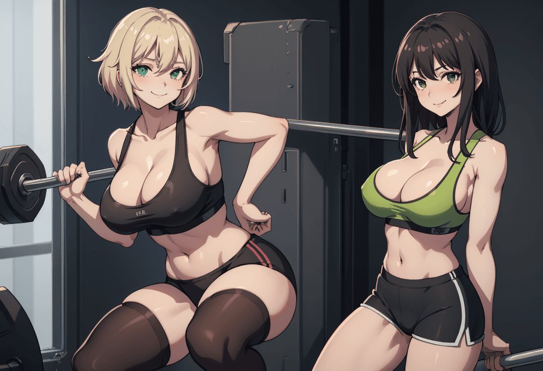 The image displays two animated characters in a gym setting. On the left, there is a character with blonde hair, wearing a black sports bra and shorts, holding a dumbbell and looki