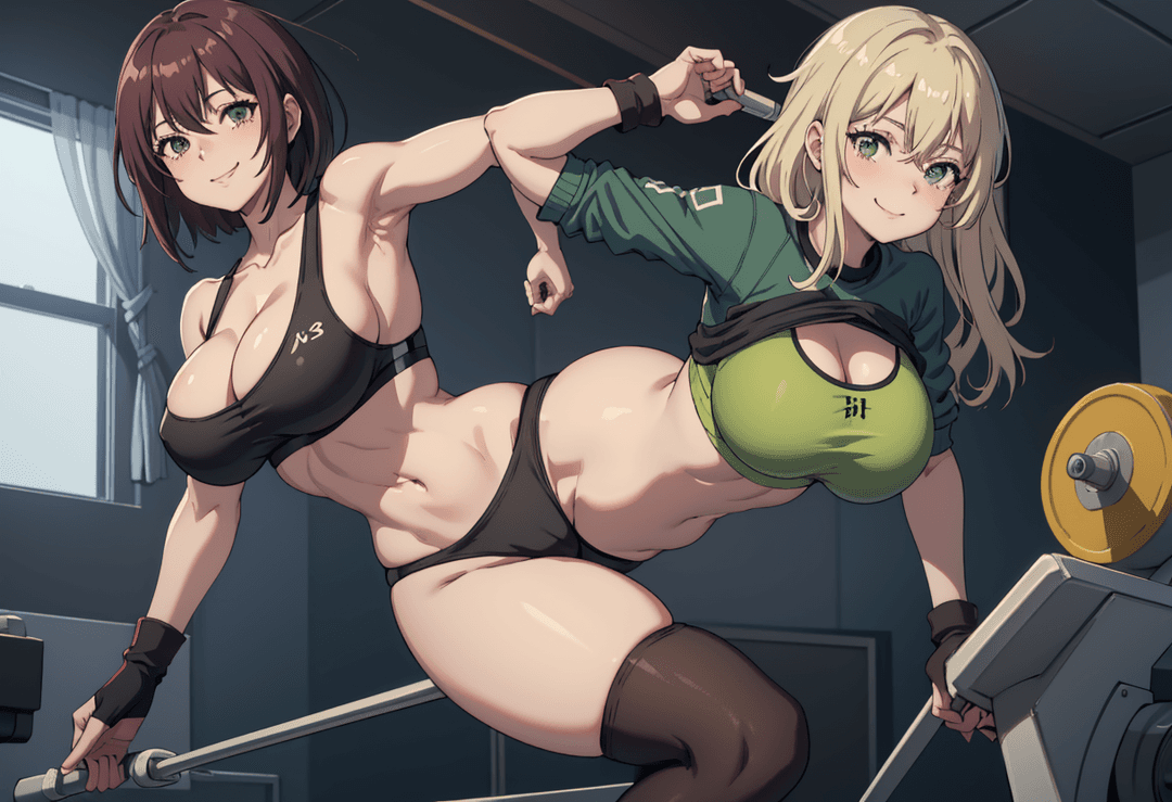 The image is an illustration of two female characters in a gym setting. One character, on the left, appears to be a young woman with dark hair, wearing a sports bra and shorts, sta