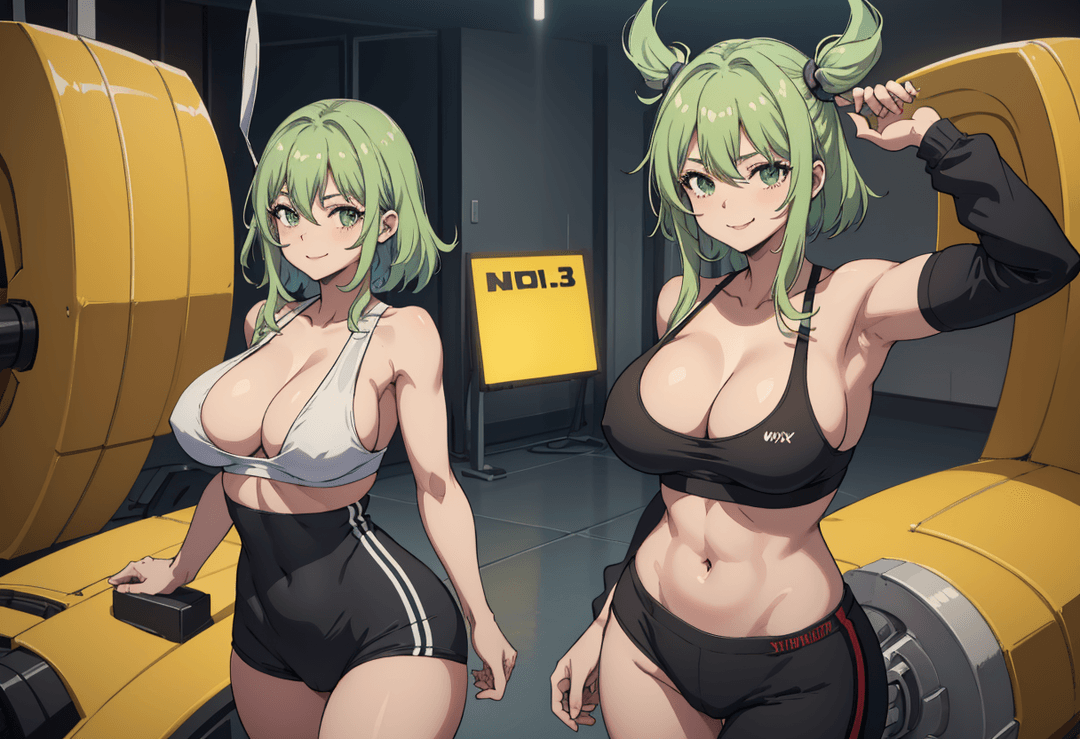The image is an illustration of two animated female characters in a futuristic setting, likely from a video game or anime-style media. Both characters have distinct hairstyles and