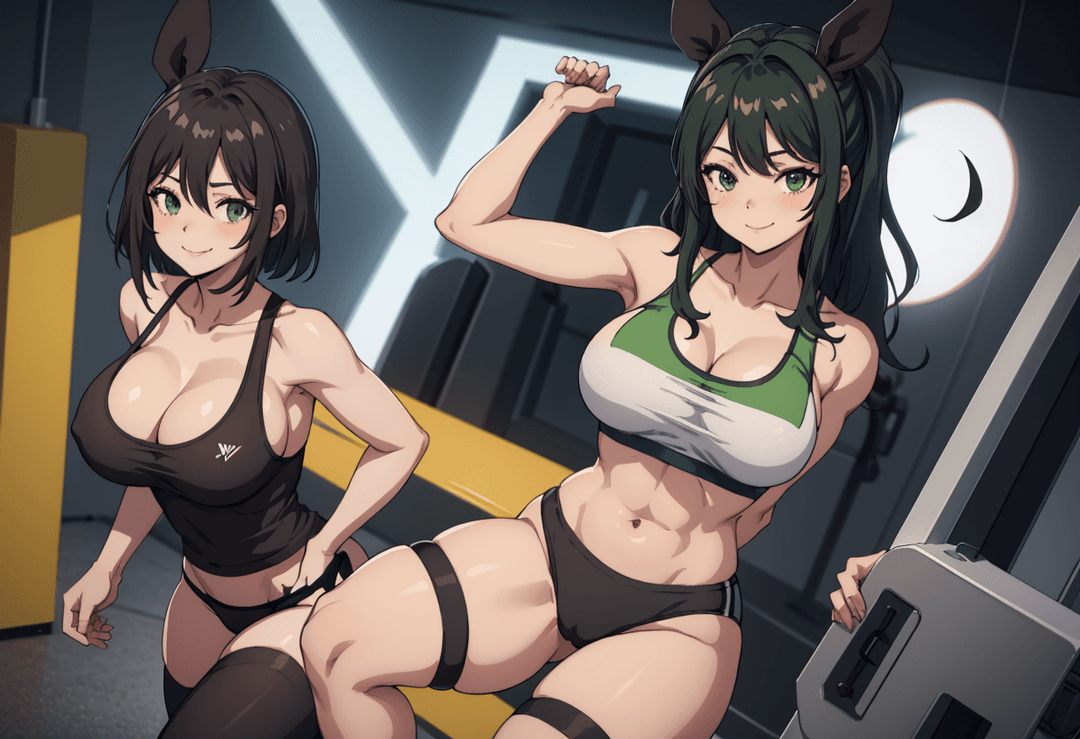 The image depicts two animated female characters in a gym setting. One character is standing with her arms flexed, showcasing her muscular physique. She has short black hair and is