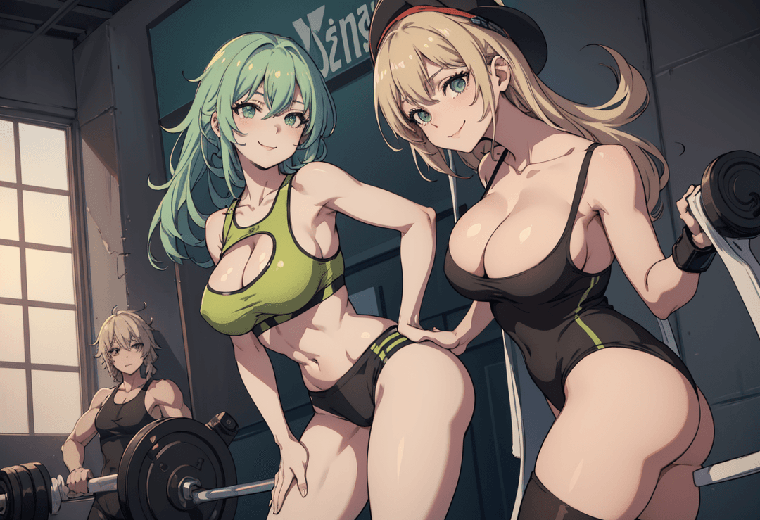 The image depicts two animated female characters in an indoor gym setting. One character is wearing a black sports bra and shorts, while the other is dressed in a green tank top an