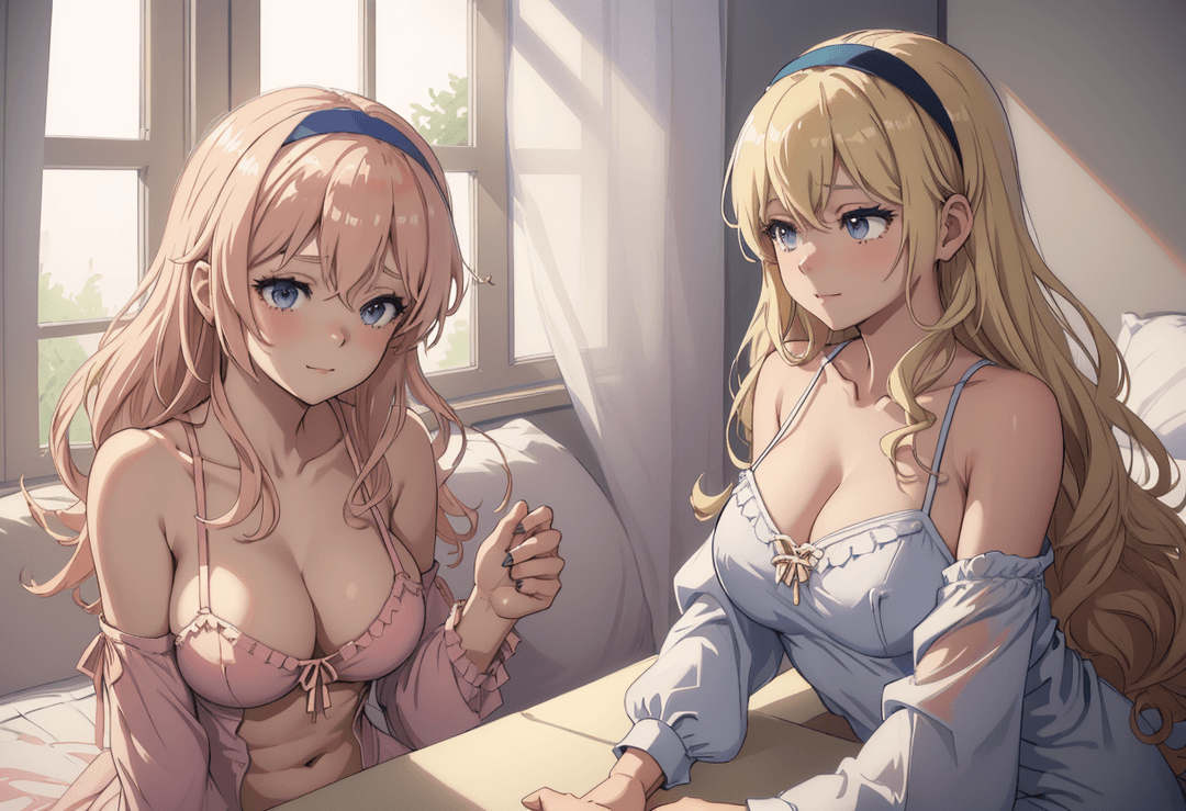 The image depicts an anime-style illustration featuring two animated female characters in an interior setting. One character is seated on a bed, wearing a light blue dress with pin