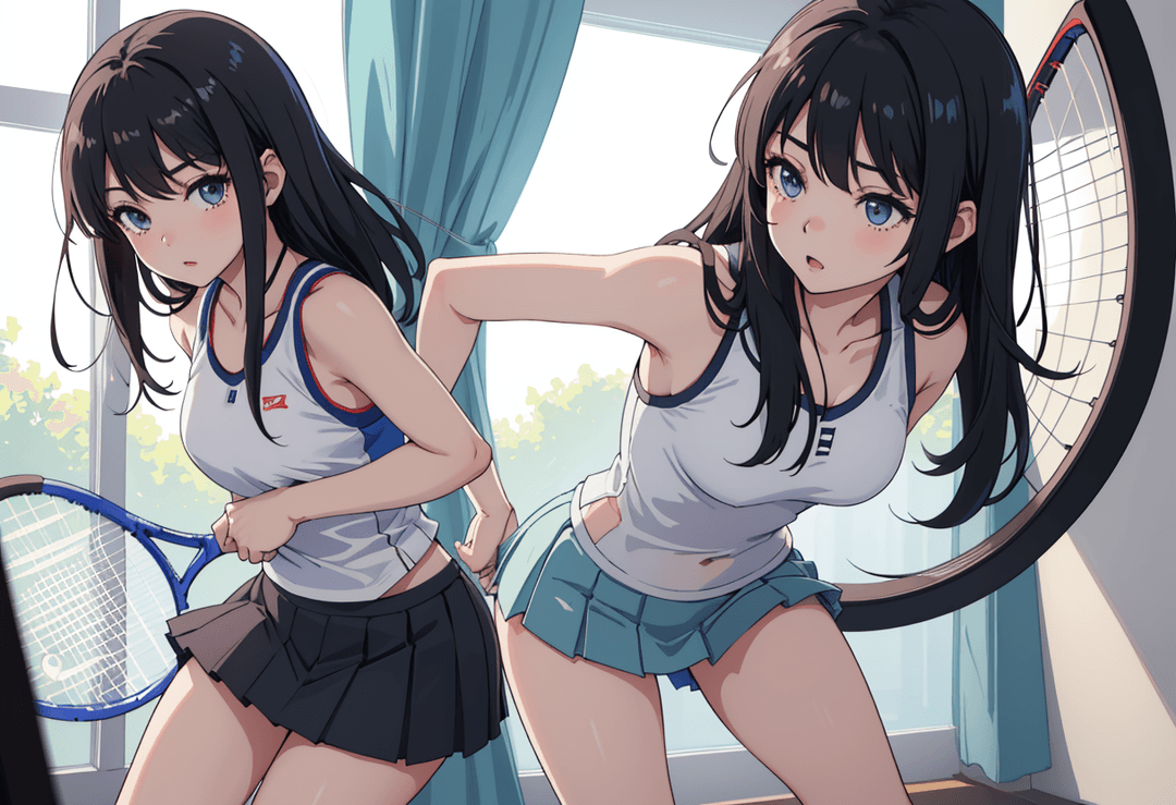 The image is an anime-style illustration featuring two female characters in a sports setting. One character, on the left, is holding a tennis racket and appears to be in motion, po