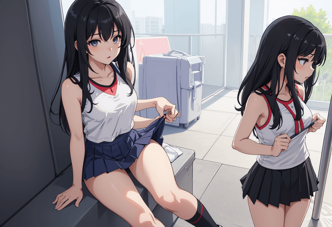 The image is a digital illustration featuring two anime-style characters in an indoor setting. On the left, there's a character with short hair wearing a white school uniform with