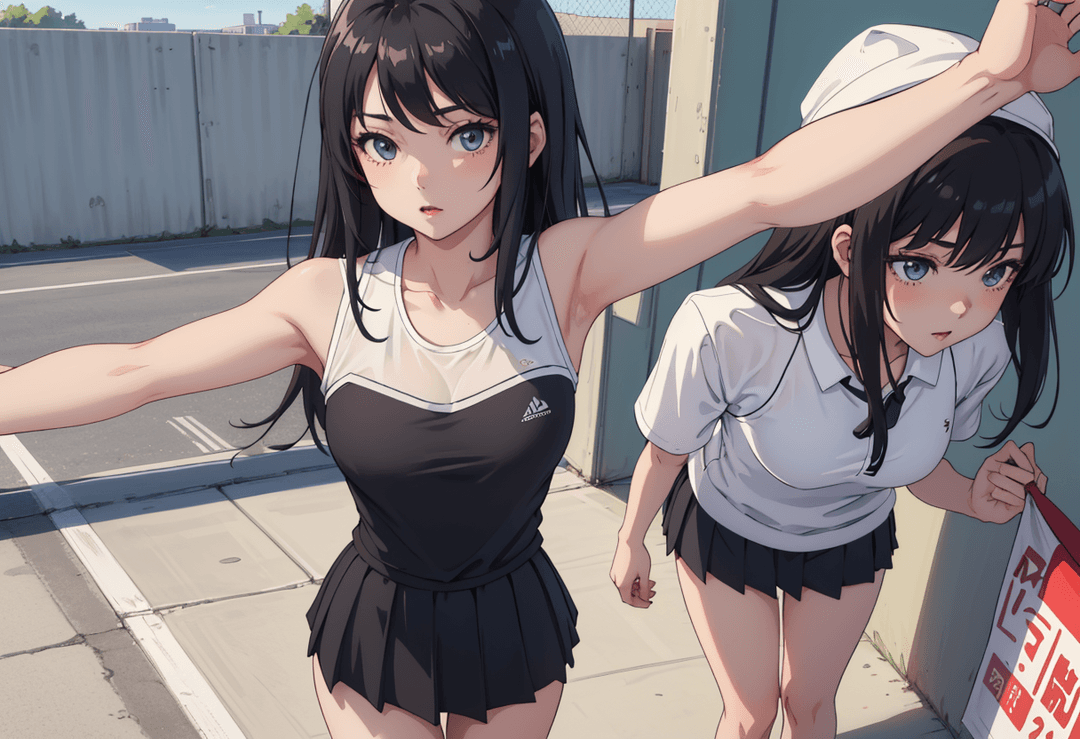The image depicts two animated characters standing outdoors in an urban setting. On the left, there is a character with dark hair wearing a black tank top and shorts, paired with w